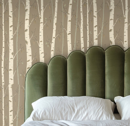 Flat artwork sample showing vertical hand-drawn birch trunks on a warm taupe background with ivory bark and small twig details.