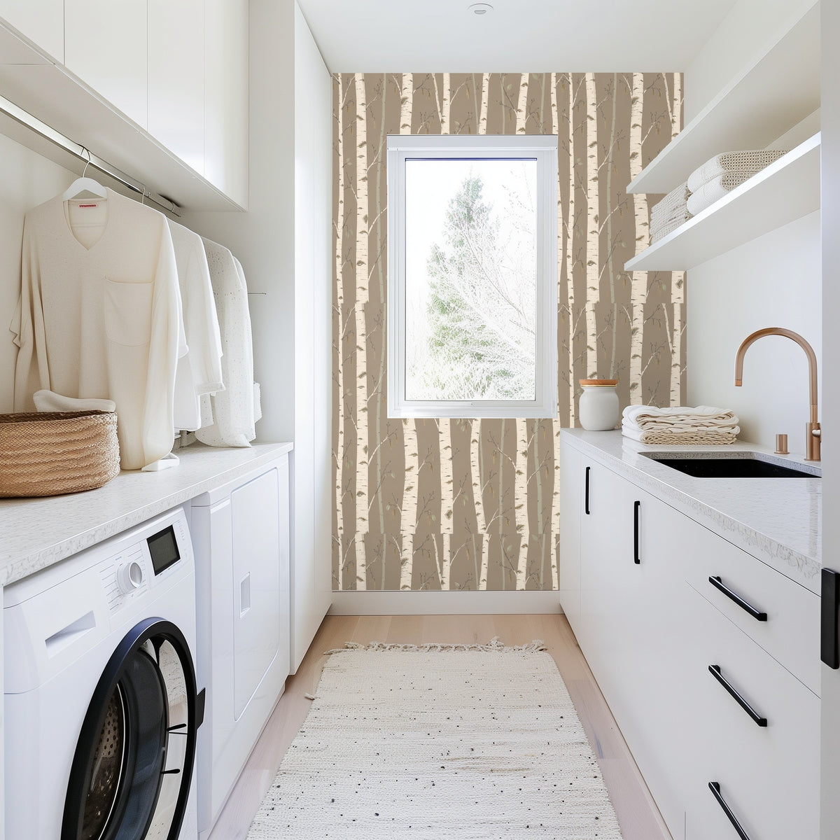 Full-wall crop of the pattern showing alternating cream and pale sage trunks with delicate buds and hanging catkins.