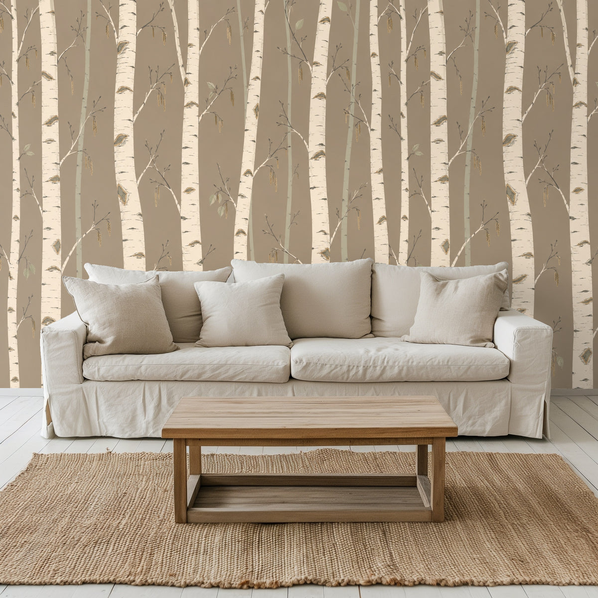 Entryway alcove styled with the birch wallpaper and a round mirror, illustrating how the pattern fills small architectural niches.