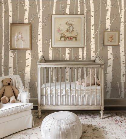 Living room feature wall with a neutral linen sofa against the birch wallpaper, demonstrating large-scale repeat and vertical rhythm.