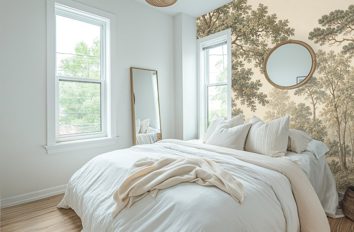 Bedroom vignette: the mural behind a bed with neutral linens, lending a soft, serene forest backdrop to the room.