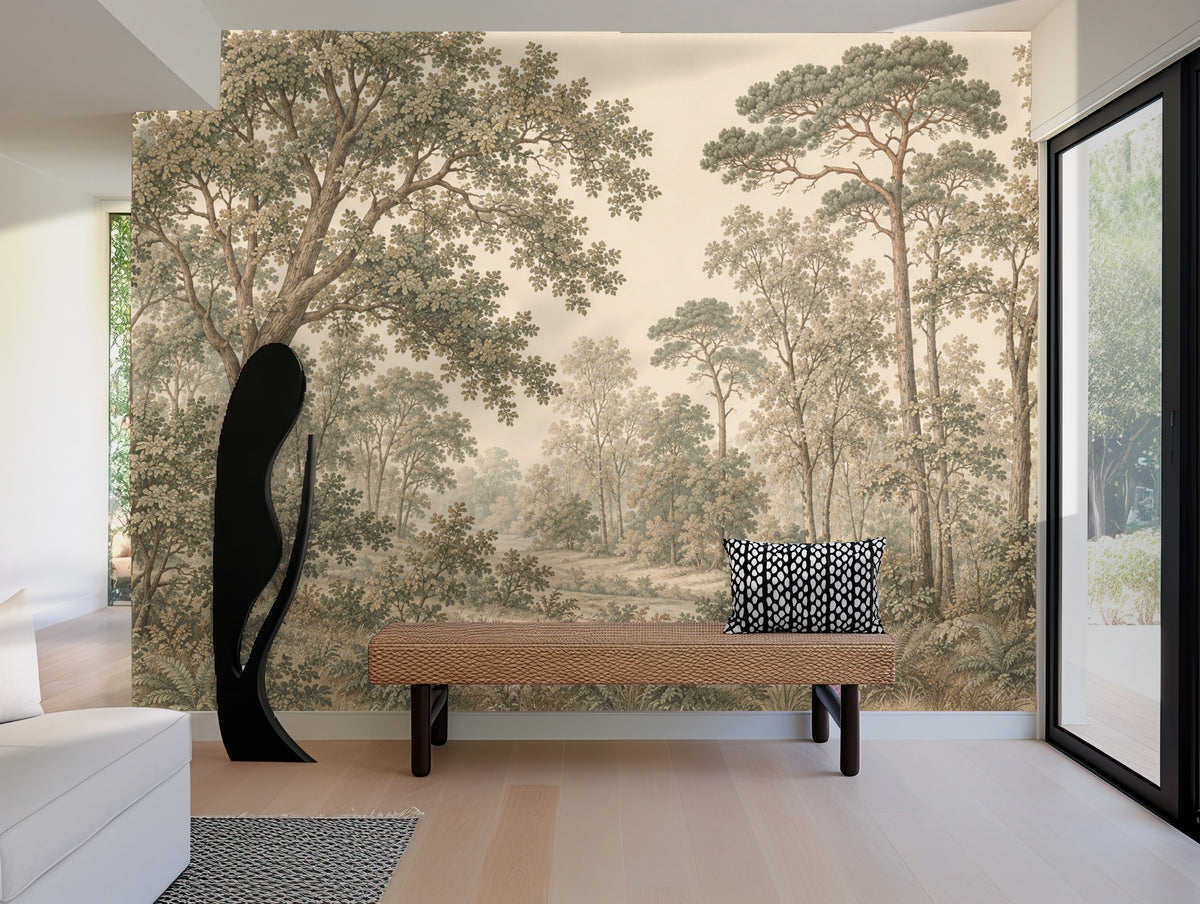 Sunlit corner: mural wrapping a tall wall beside bright windows, demonstrating how the palette reads in natural light.