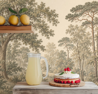 Nursery scene: crib placed against the mural, illustrating a calm, storybook woodland in soft greens and beige.