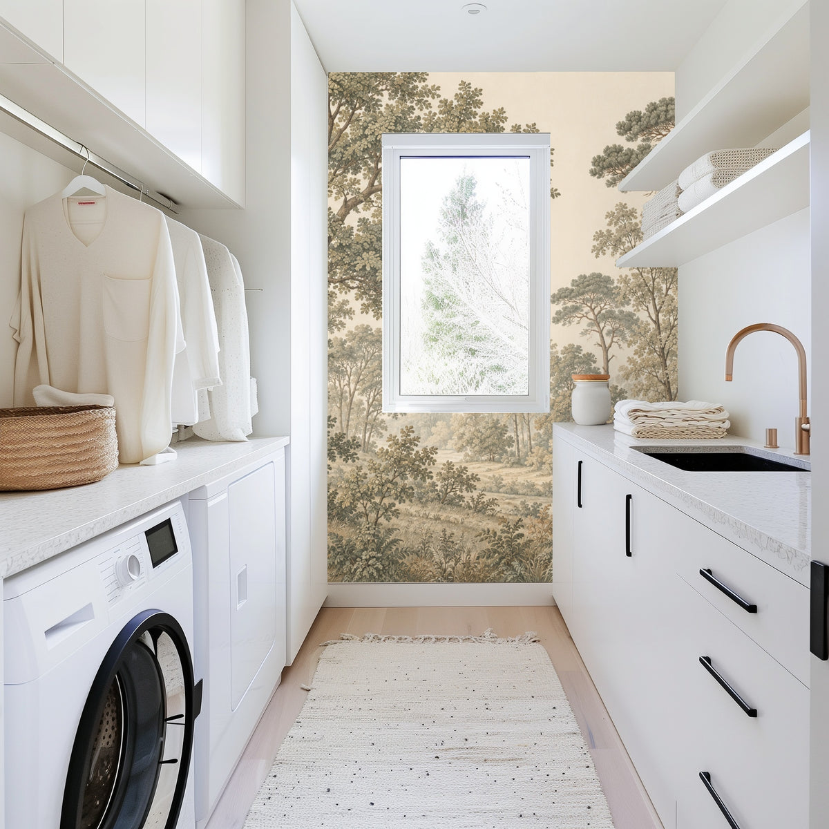 Kitchen vignette: close-up of mural behind a countertop with jug and cake, showing detailed foliage and trunk texture.