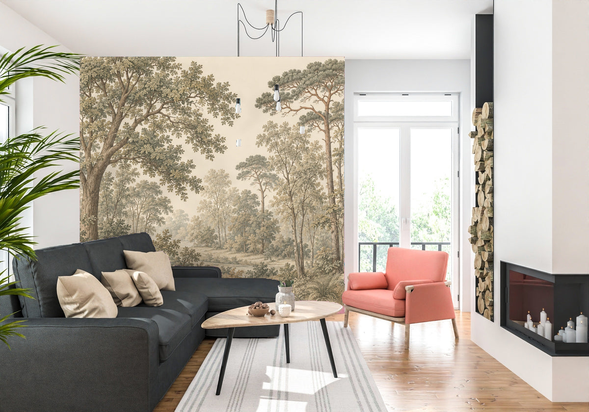 Living room feature wall: Sandstone Grove mural behind a dark sectional and coral accent chair, showing scale and dramatic canopy.
