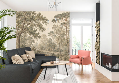 Living room feature wall: Sandstone Grove mural behind a dark sectional and coral accent chair, showing scale and dramatic canopy.