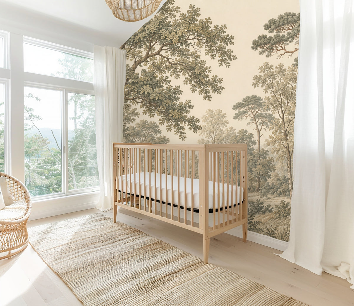 Full artwork: panoramic hand-drawn woodland scene with sandstone background, tall oaks and pine silhouettes in muted sage and taupe.