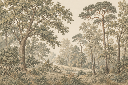Surface detail: close-up of bark, leaves, and understory plants in muted sage, warm taupe, and soft beige.