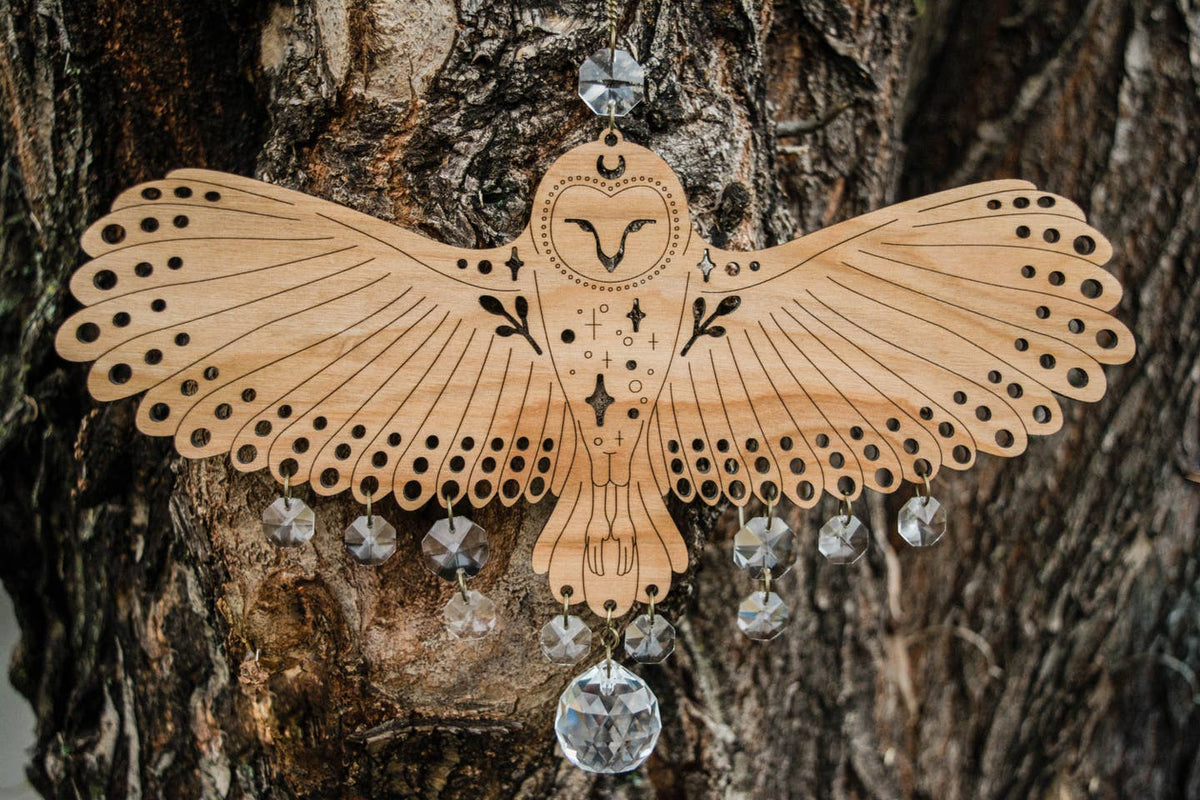 Owl Wooden Wall Hanging Bird Suncatcher w/ Crystal Prisms by HEX Botanical — view 4