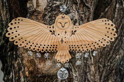 Owl Wooden Wall Hanging Bird Suncatcher w/ Crystal Prisms by HEX Botanical — view 4