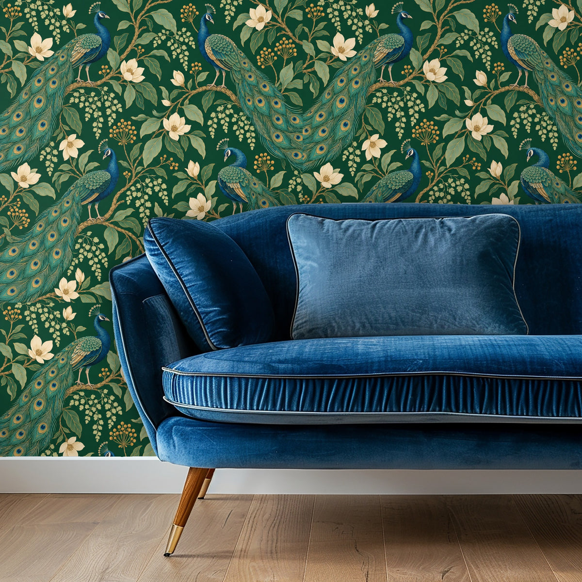 Full artwork view of Emerald Plume wallpaper showing peacocks, long teal tails and cream magnolia-like flowers on a rich emerald background