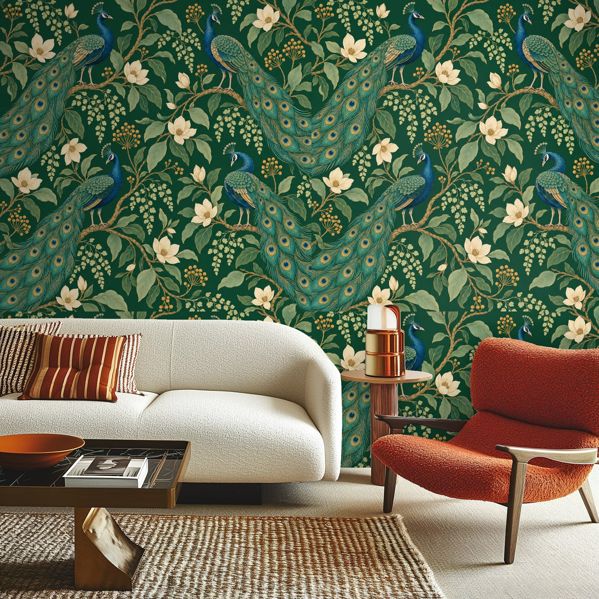 Open wooden medicine cabinet against the wallpaper, revealing toiletry bottles and the pattern’s leafy motif