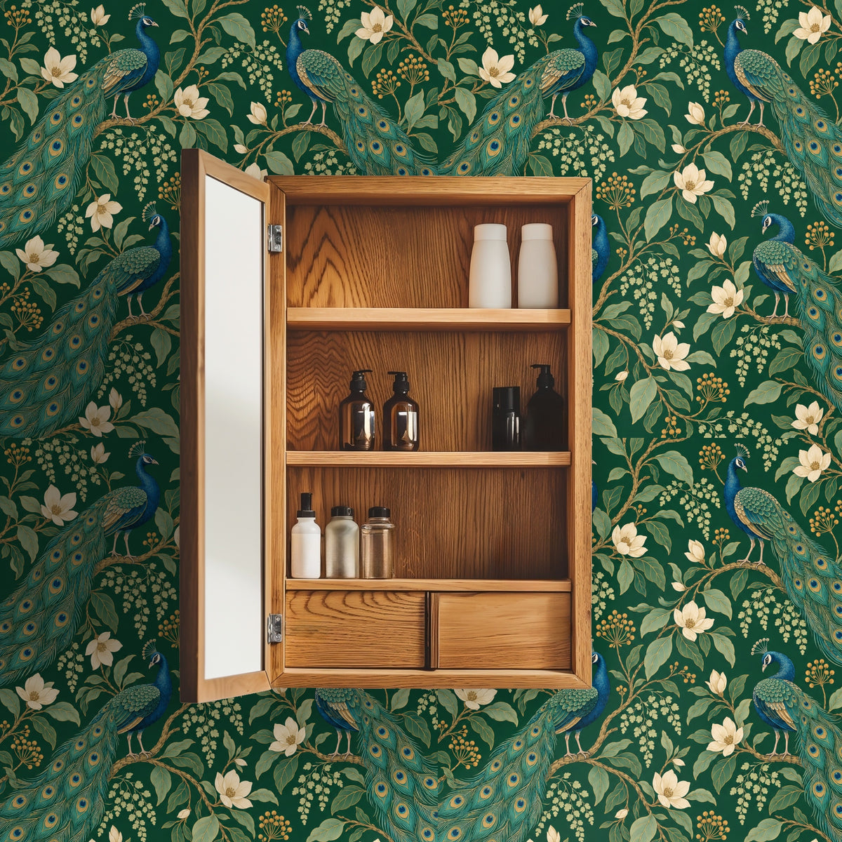 Arched entryway lined with the peacock wallpaper creating a dramatic focal wall at the far end of the hall