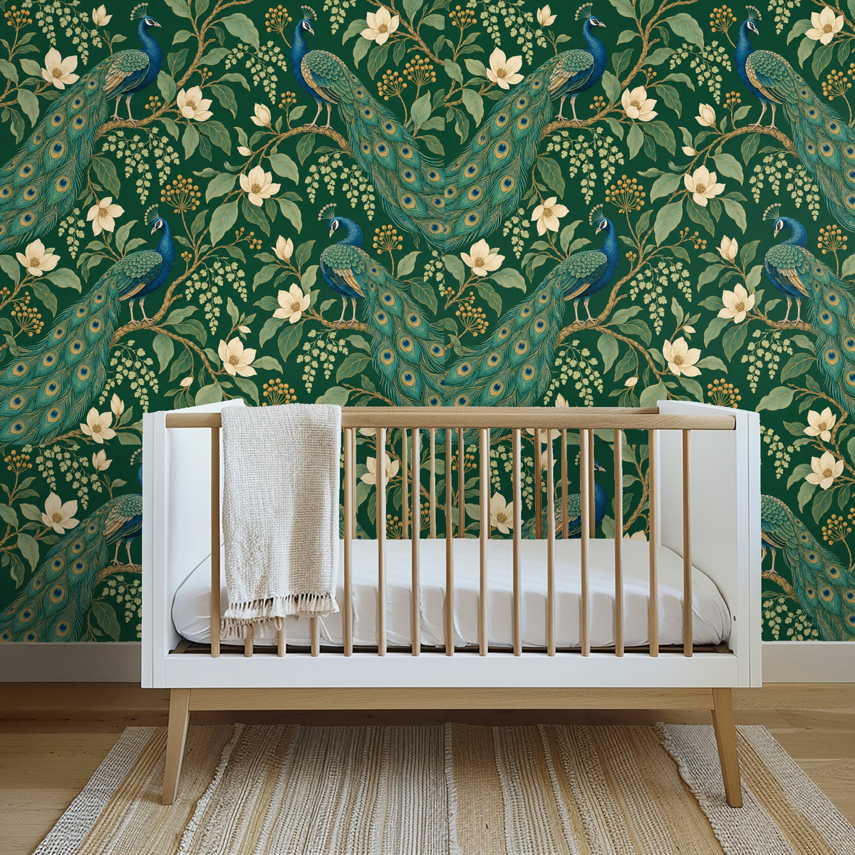 Bedroom headboard vignette with olive-green upholstered headboard framed by the peacock wallpaper above the bed