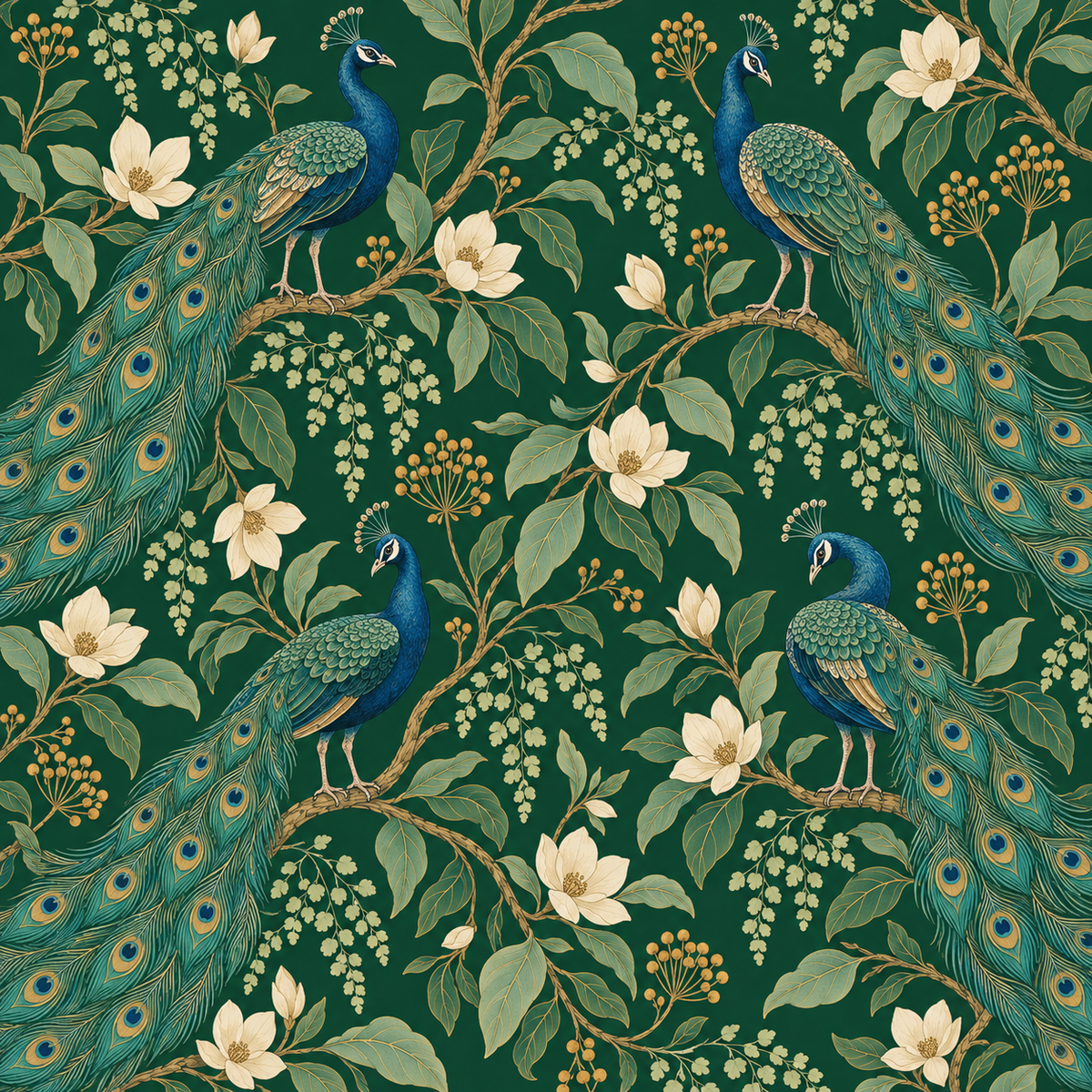 Repeat pattern view showing multiple peacocks and branching vines tiled across a wall for full-room coverage