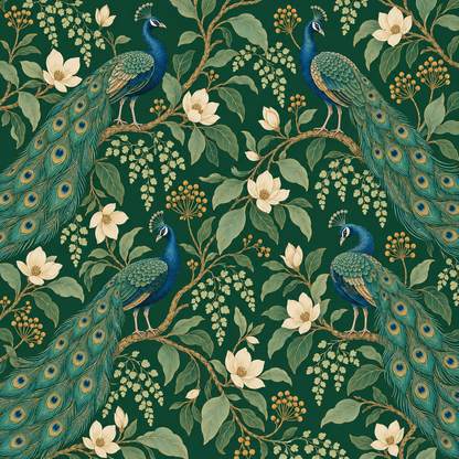 Repeat pattern view showing multiple peacocks and branching vines tiled across a wall for full-room coverage