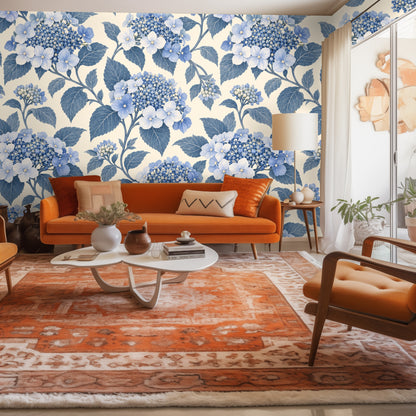 Full-wall view above a daybed showing the hydrangea repeat and scale in a bedroom setting