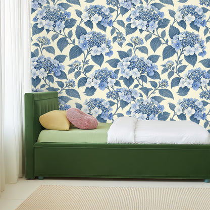 Entryway scene with mirror and console placed against the large-scale hydrangea pattern