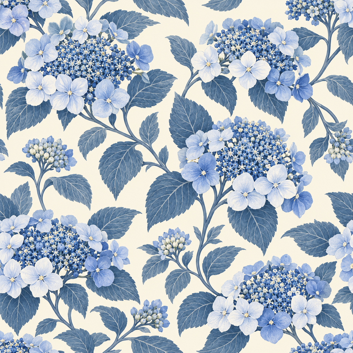 Pattern layout showing branching stems, varied blossom clusters and the cream ground