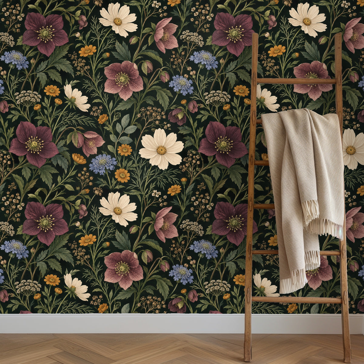 Close-up of the Nocturne Herbarium pattern showing hand-drawn plum hellebores, cream cosmos and olive foliage on a deep dark background.