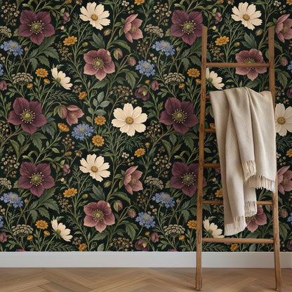 Close-up of the Nocturne Herbarium pattern showing hand-drawn plum hellebores, cream cosmos and olive foliage on a deep dark background.