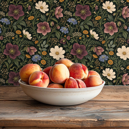 Children’s bench with three plush teddy bears set against the floral wallpaper, illustrating the design in a nursery or playroom.