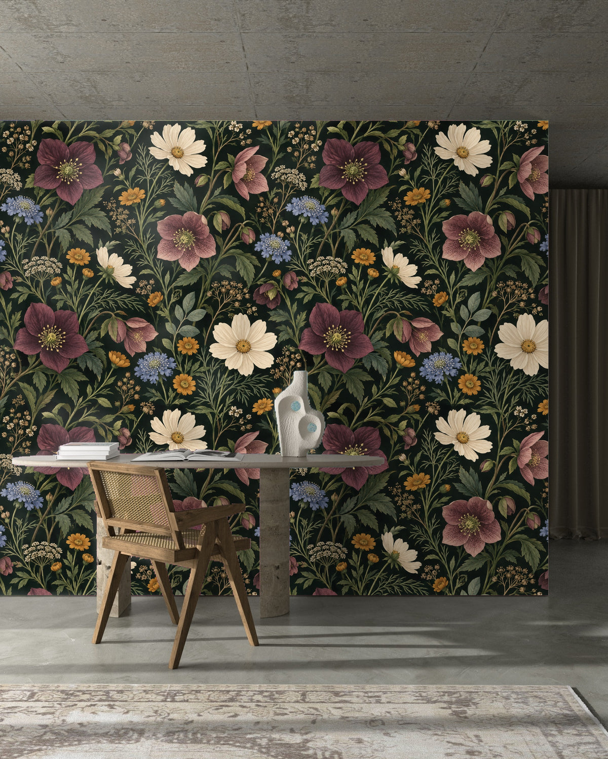 Close foreground of a ceramic bowl of peaches placed on a wooden table with the wallpaper as a backdrop, suggesting dining or kitchen use.