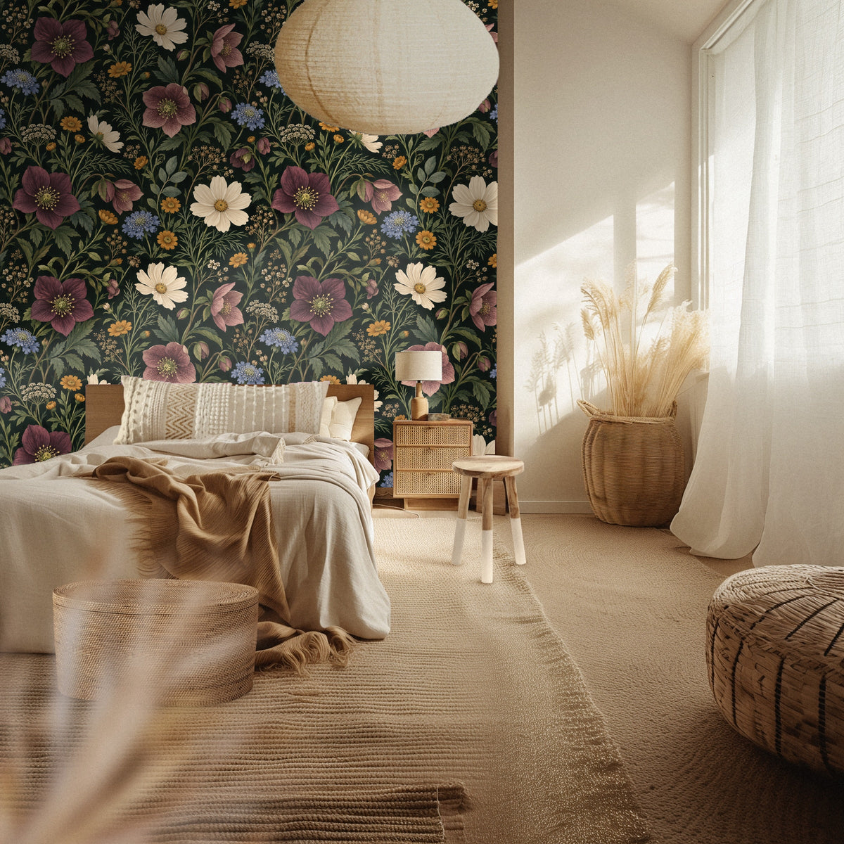 Wall mockup with a wooden ladder and a cream throw draped in front of the Nocturne Herbarium wallpaper showing pattern scale and repeat.