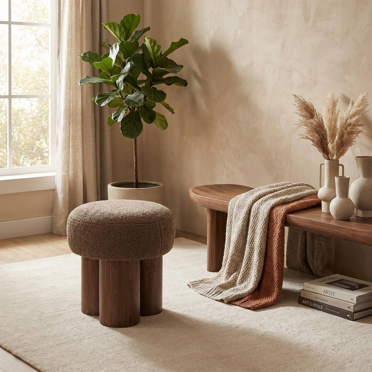 Mushroom Stool with Pleated Upholstered Seat, 3 Colors,16.5" by HOMYCASA DESIGN INC