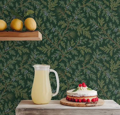 Kitchen vignette with Juniper Drift wallpaper as backdrop to a floating shelf holding lemons, showing how pattern works with food prep areas