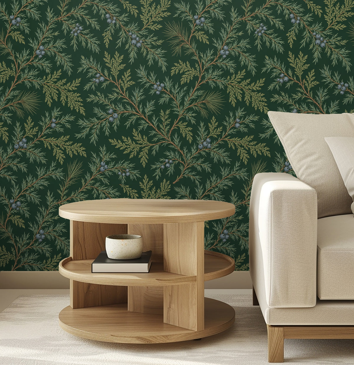 Close living room view of Juniper Drift wallpaper behind a low wood coffee table and neutral sofa, highlighting needle detail