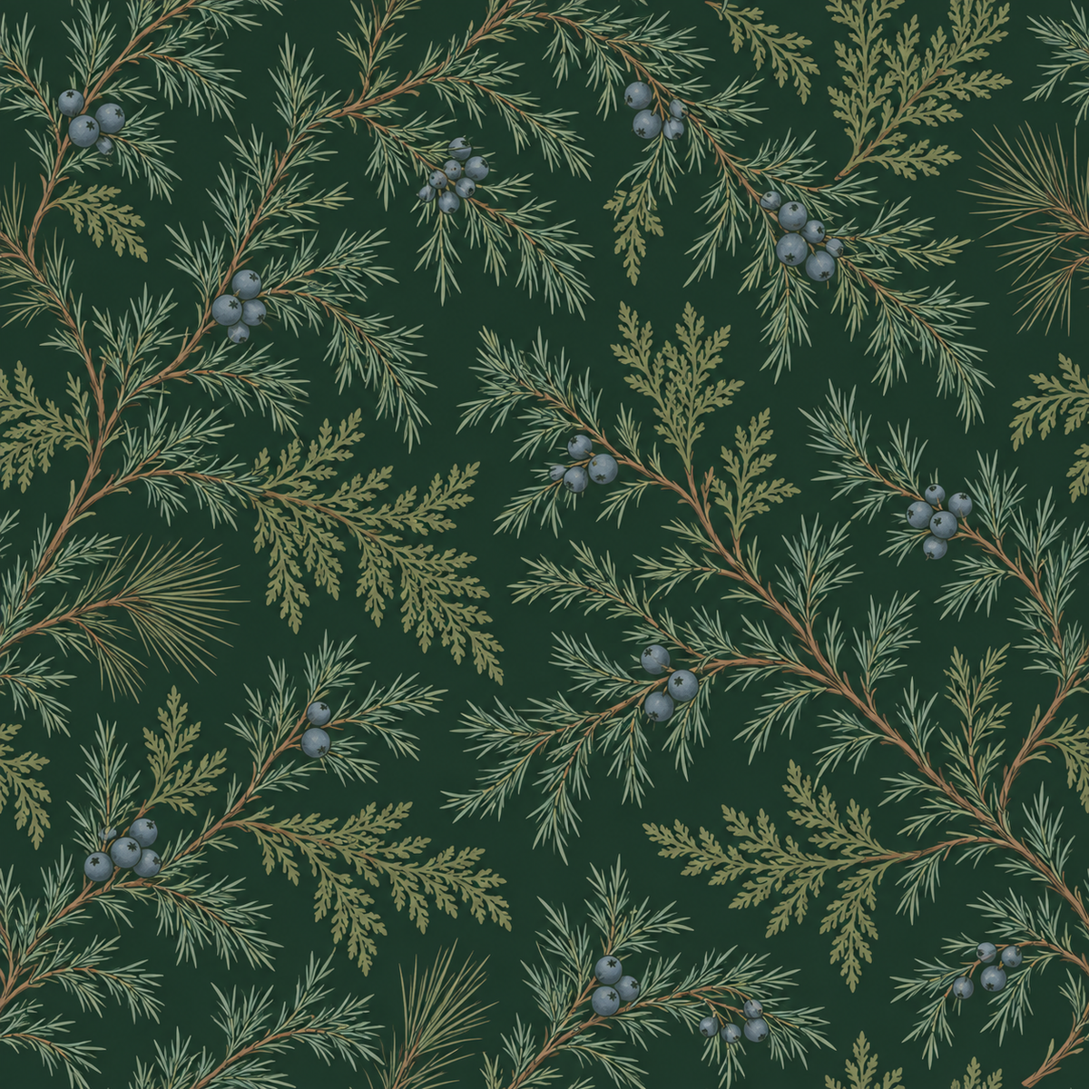Macro detail of Juniper Drift showing layered foliage, warm stems and textured leaves against the deep green field