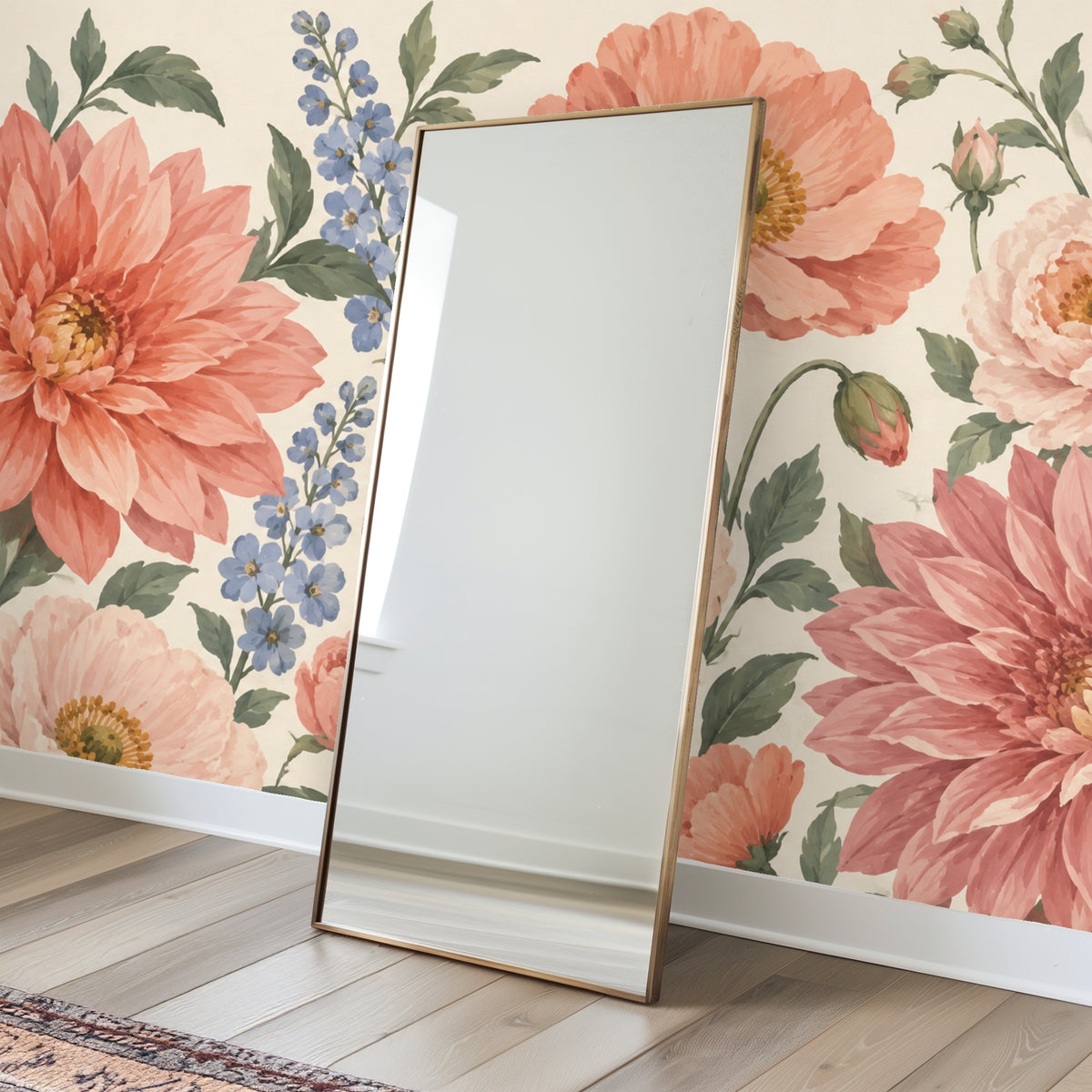 Detail photograph of the mural behind a floor mirror highlighting visible brushwork and layered petal textures.