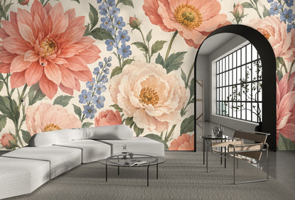 Close-up of the wallpaper artwork showing oversized painterly blooms in coral, blush and cream with sage leaves on an ivory background.