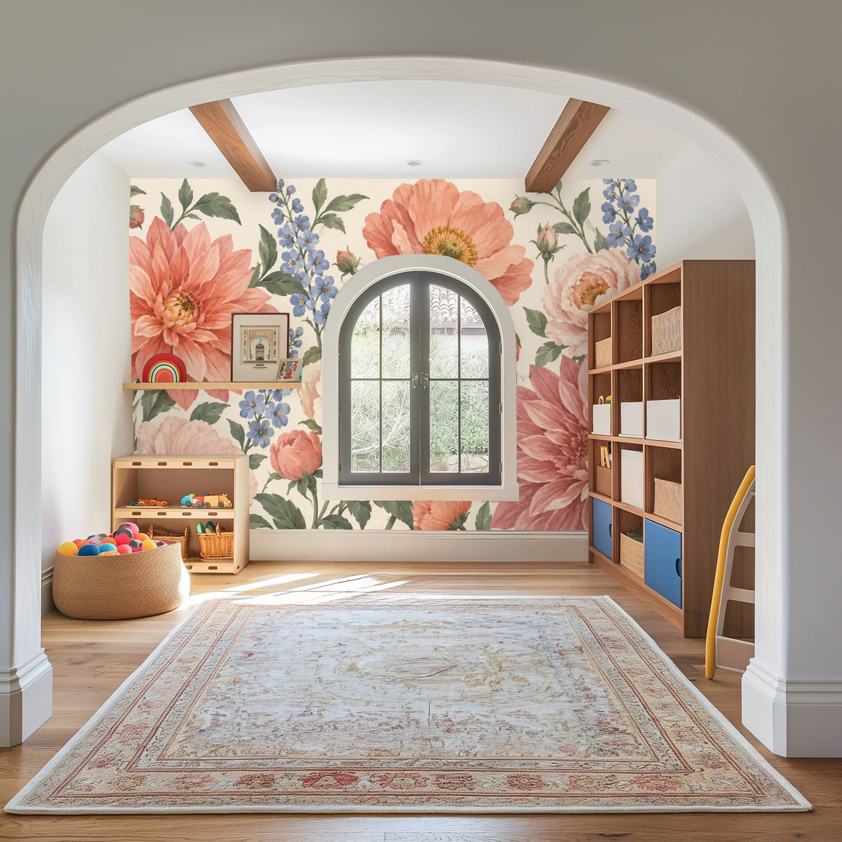Modern living room with an arched doorway and the large-scale floral mural covering the full wall behind curved seating.