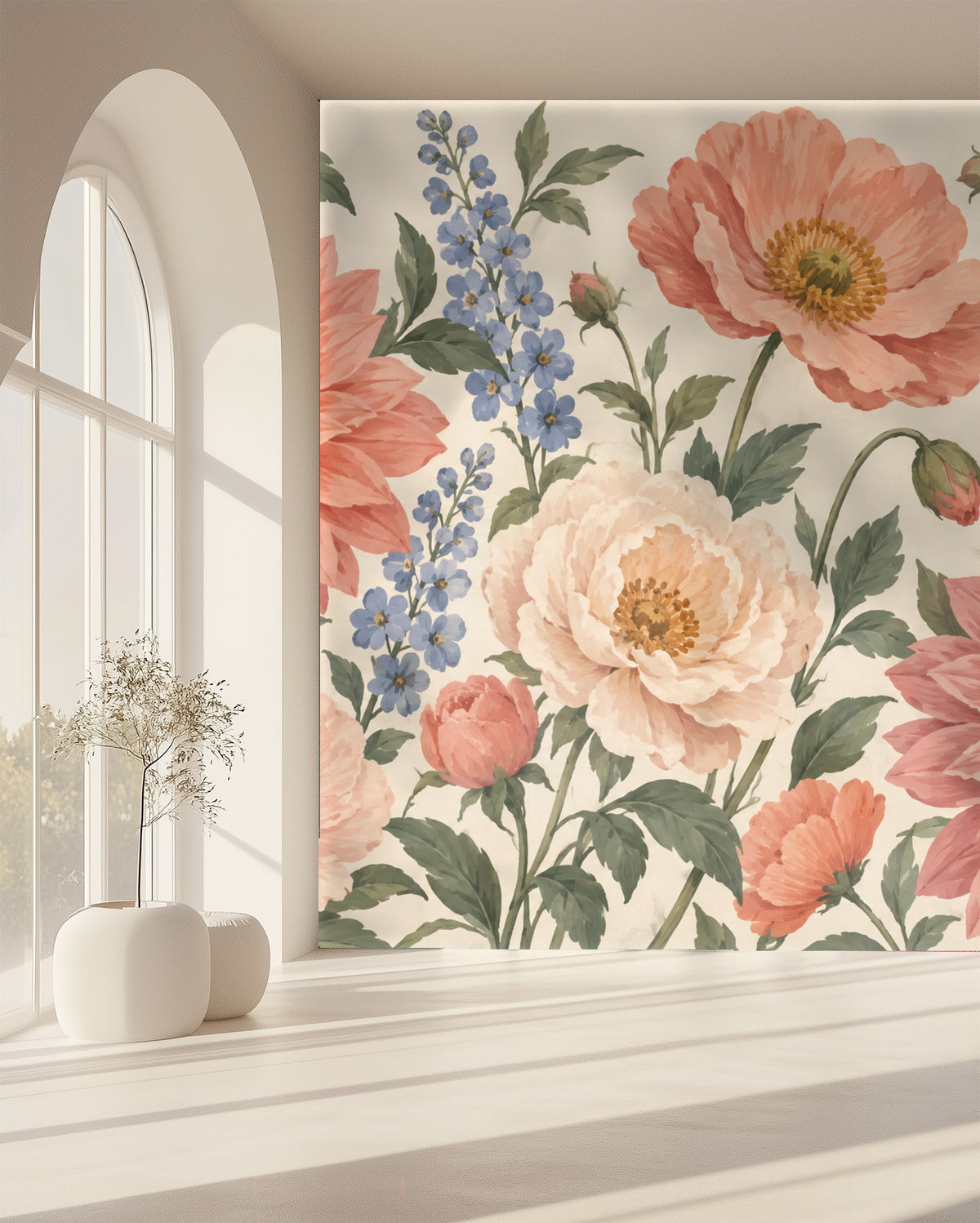Playroom vignette showing the oversized floral mural framed by an arched opening and children's storage to indicate scale.