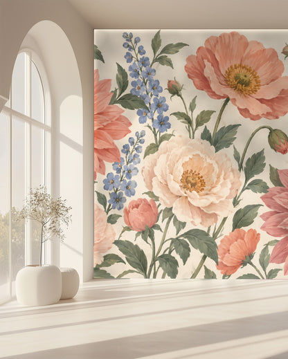 Playroom vignette showing the oversized floral mural framed by an arched opening and children's storage to indicate scale.