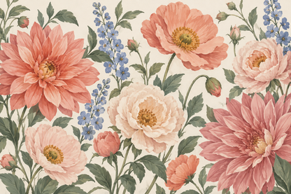 Minimal interior vignette showing large peony- and dahlia-like flowers paired with muted sage foliage on an ivory field.