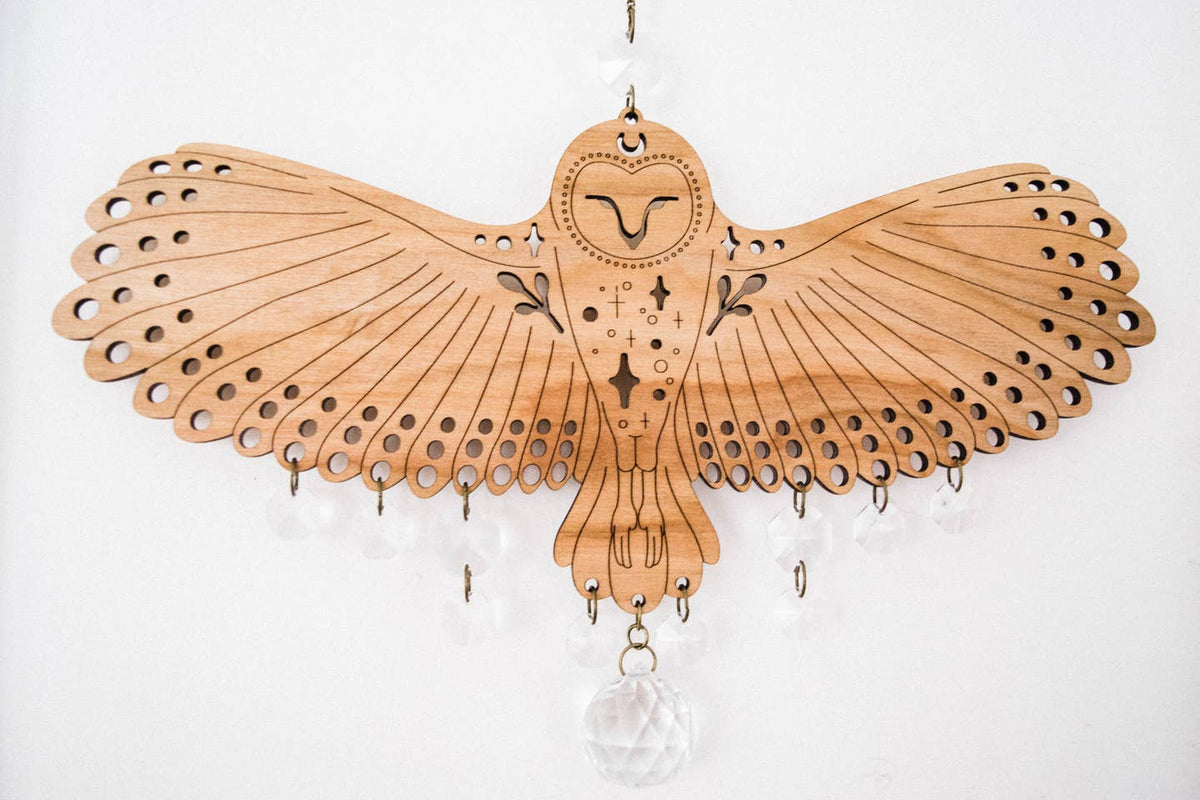 Owl Wooden Wall Hanging Bird Suncatcher w/ Crystal Prisms by HEX Botanical — view 10