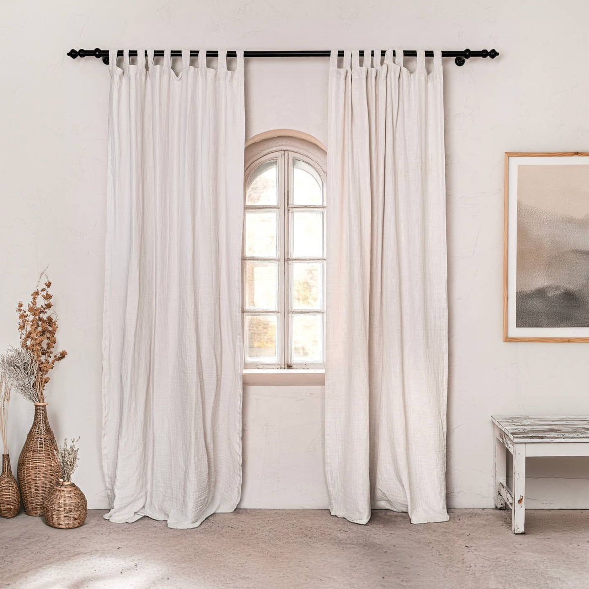 Boho Muslin Curtains 2-Layer Cotton Sheer Panel Farmhouse by VivaMaison