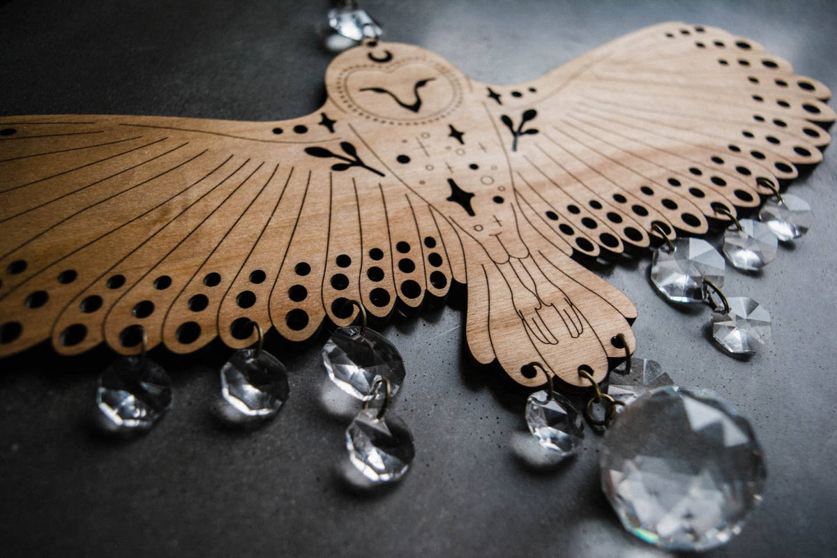 Owl Wooden Wall Hanging Bird Suncatcher w/ Crystal Prisms by HEX Botanical — view 2