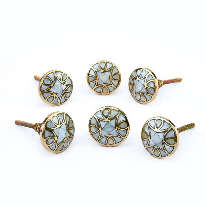 Set of Six Brass Mother of Pearl Knobs by Perilla Home — view 4