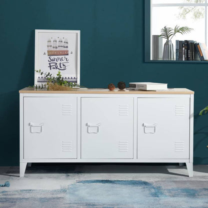 Industrial Metal Storage Cabinet with Wood Top-White/Black