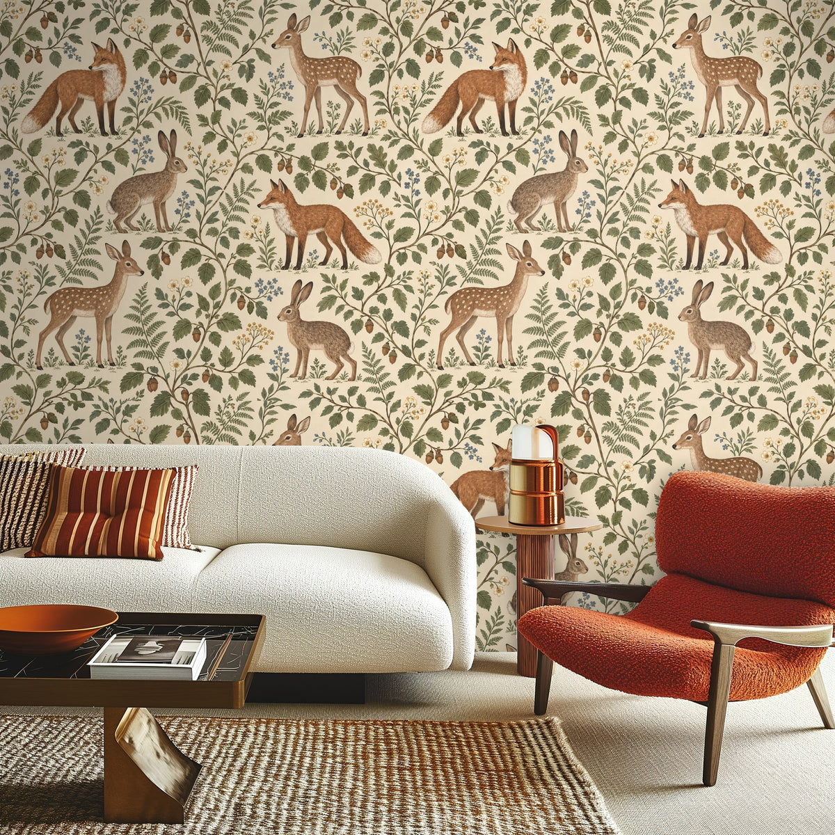 Arched entryway styled with Hazelwood Tales covering the focal wall, animals arranged in a steady repeating rhythm.