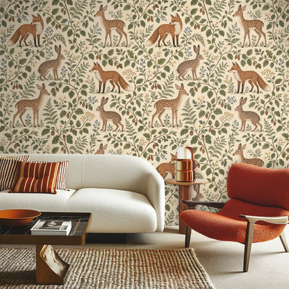 Arched entryway styled with Hazelwood Tales covering the focal wall, animals arranged in a steady repeating rhythm.