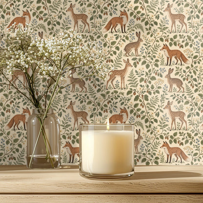 Bathroom wall with an open wooden medicine cabinet mounted over Hazelwood Tales wallpaper, showing the pattern scale next to shelving.