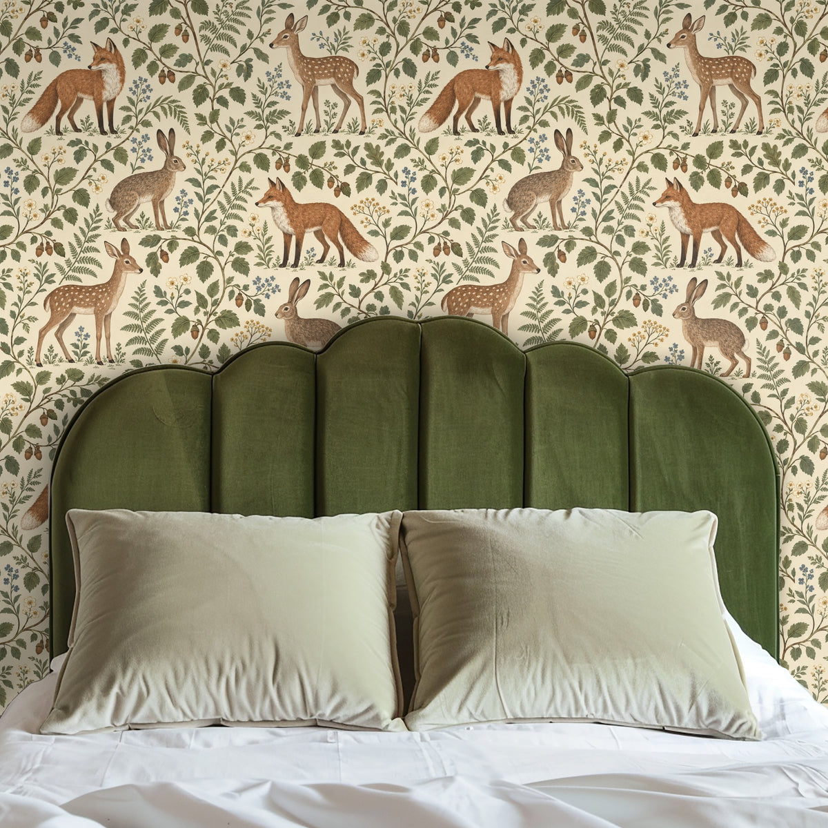 Headboard bedroom shot with an olive green upholstered headboard against Hazelwood Tales, illustrating the pattern as a headwall.
