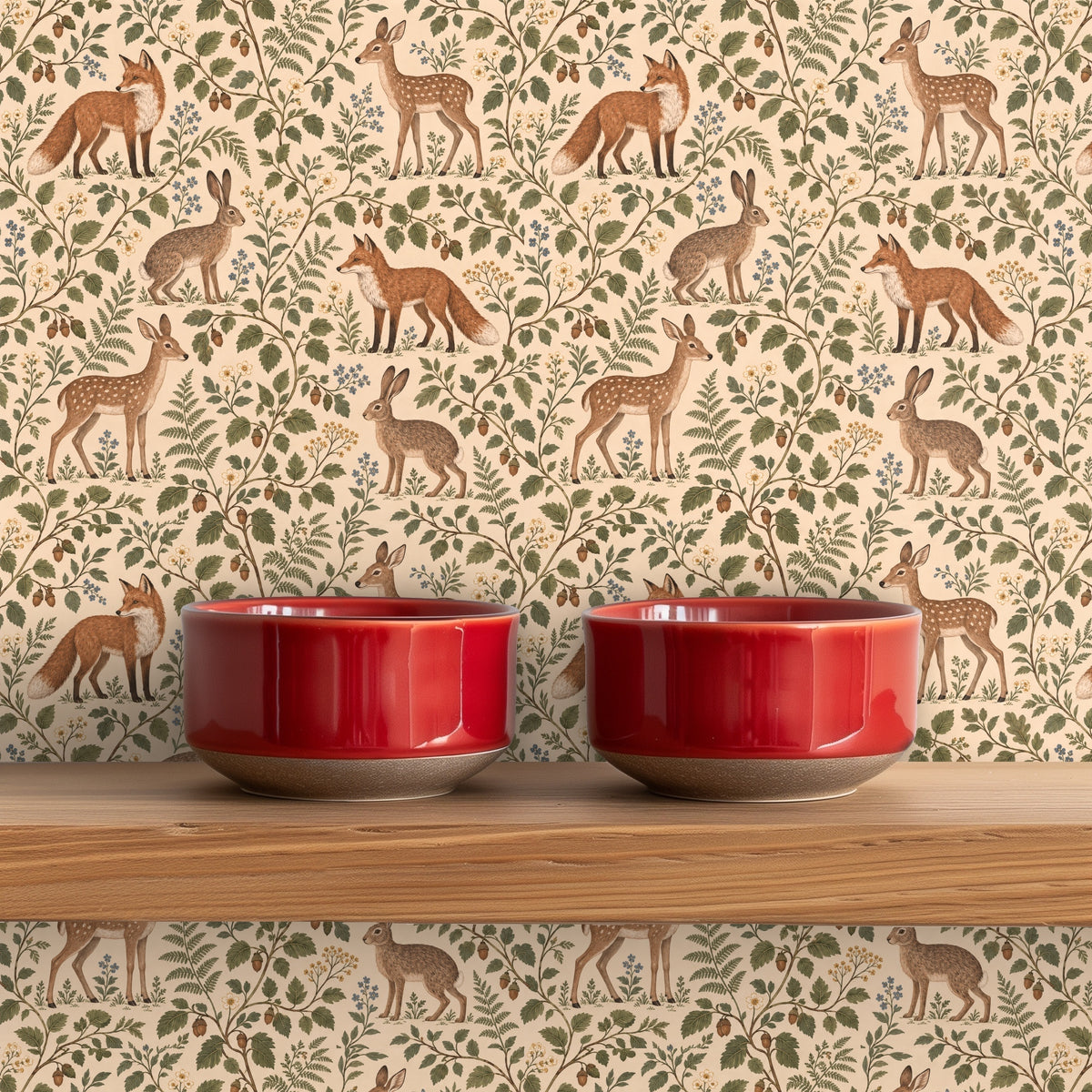 Hallway bench vignette with the pattern scaled across a narrow wall, demonstrating repeat alignment and cozy scale.