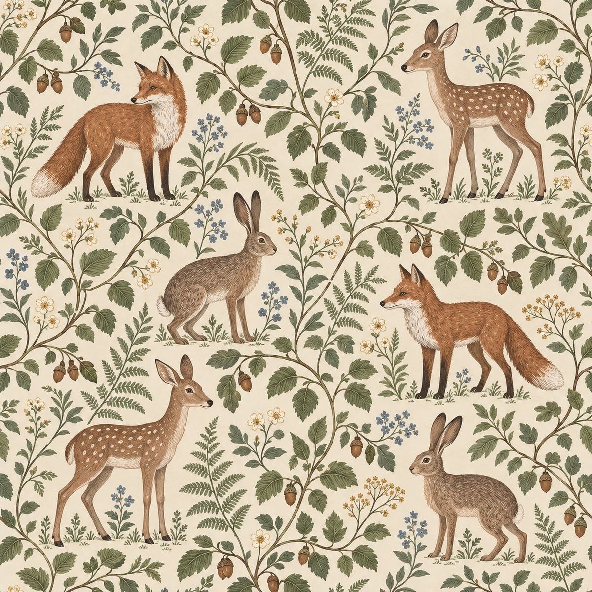 Side composition showing a fawn, hare and fox framed by vines—demonstrates the illustrative, storybook character of the design.