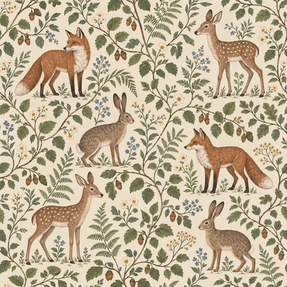 Side composition showing a fawn, hare and fox framed by vines—demonstrates the illustrative, storybook character of the design.